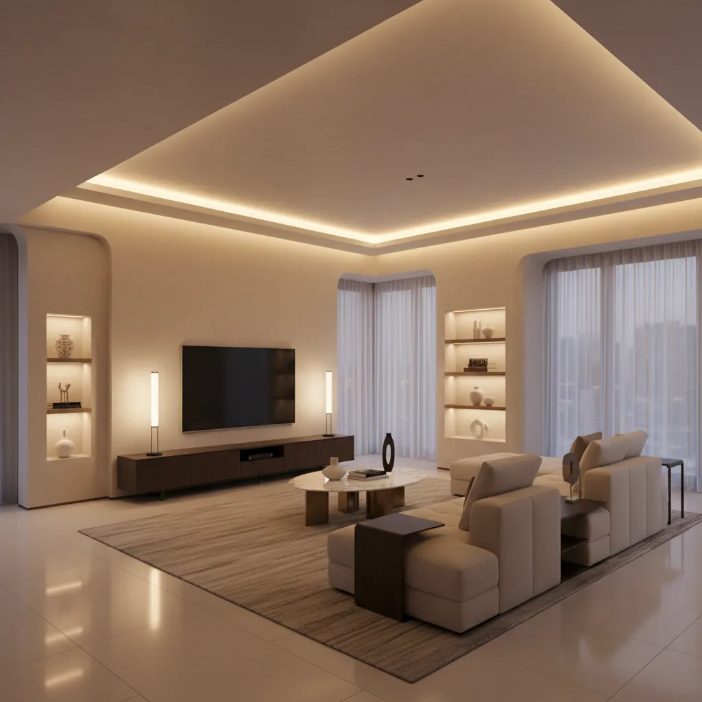 Modern living room with warm lighting, cream sofa, dark TV cabinet, and large glass windows