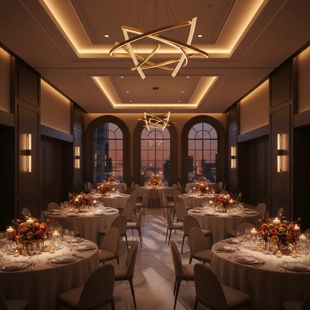 Elegant dining room at night with round tables floral centerpieces candles and modern ceiling lights