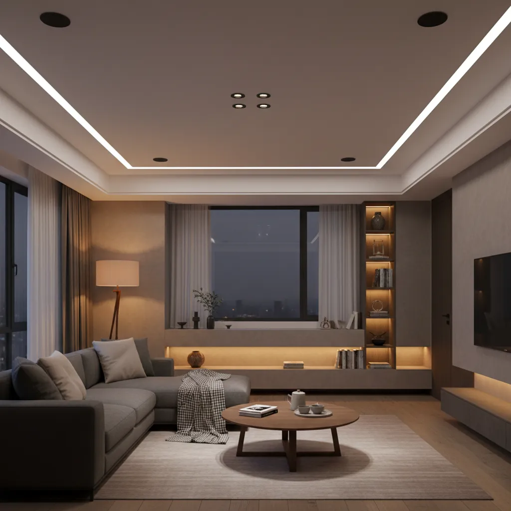 Ejemplo de iluminación en capas en un salón moderno