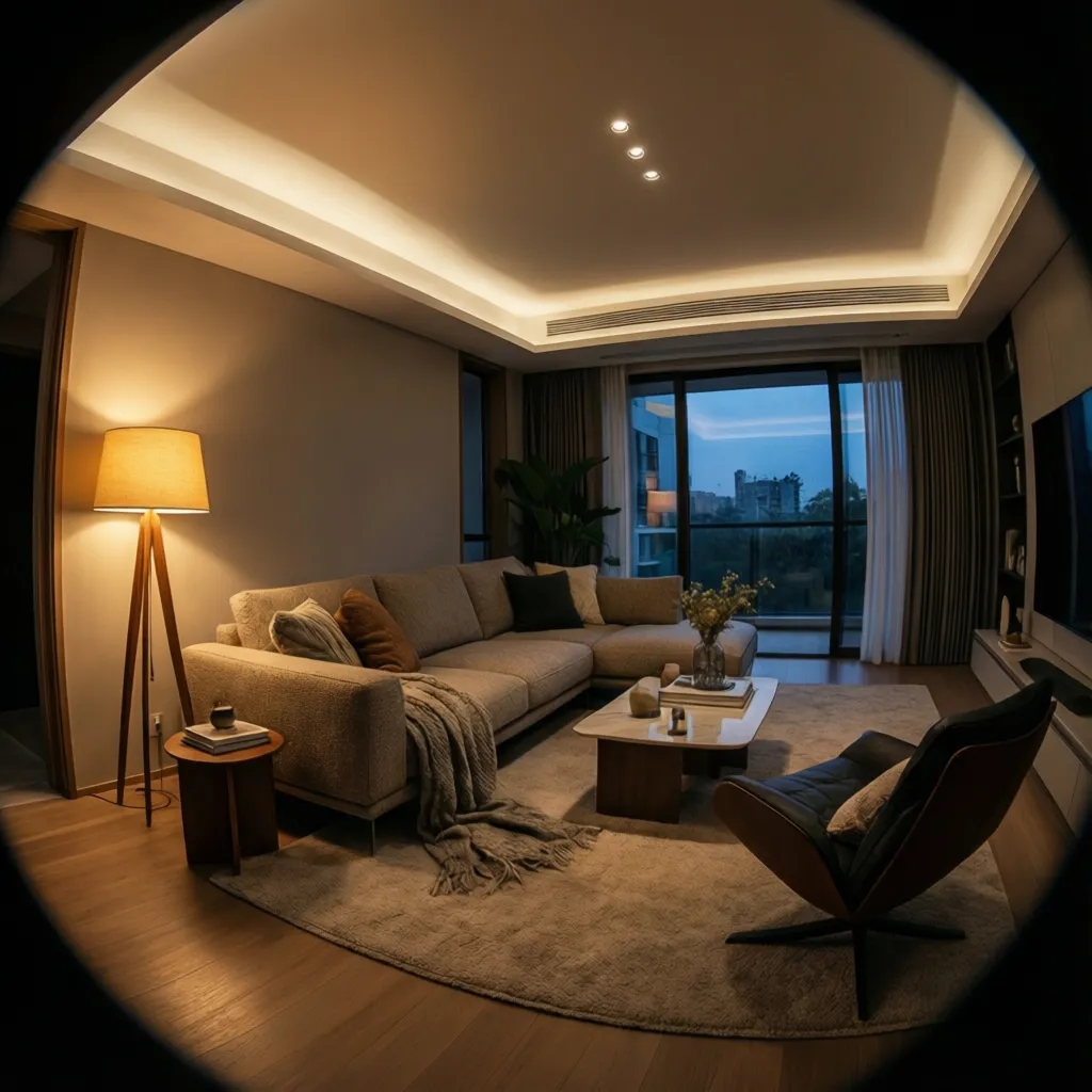 Cozy living room with warm floor lamp grey sofa coffee table rug and black chair