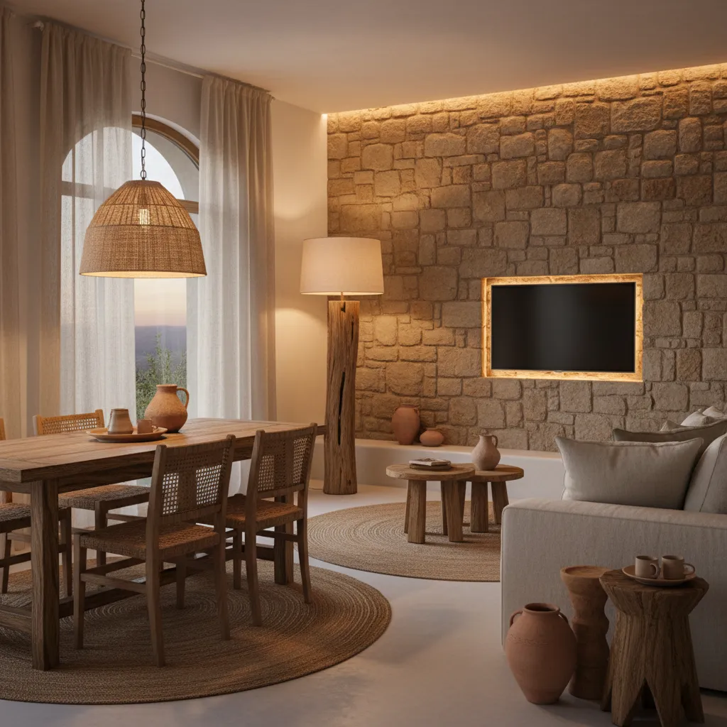 Salón mediterráneo con iluminación cálida y lámparas de ambiente