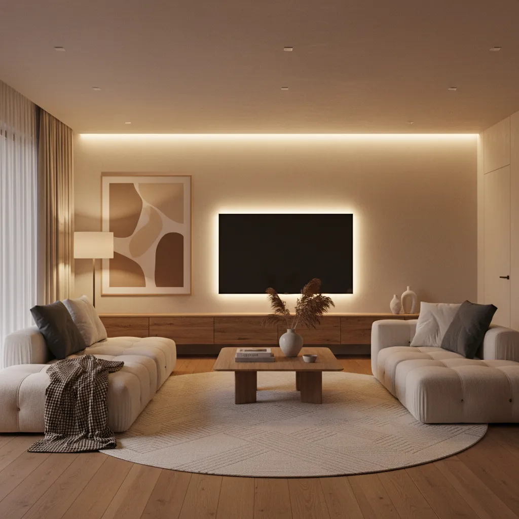 Salón moderno con iluminación cálida y decoración sencilla