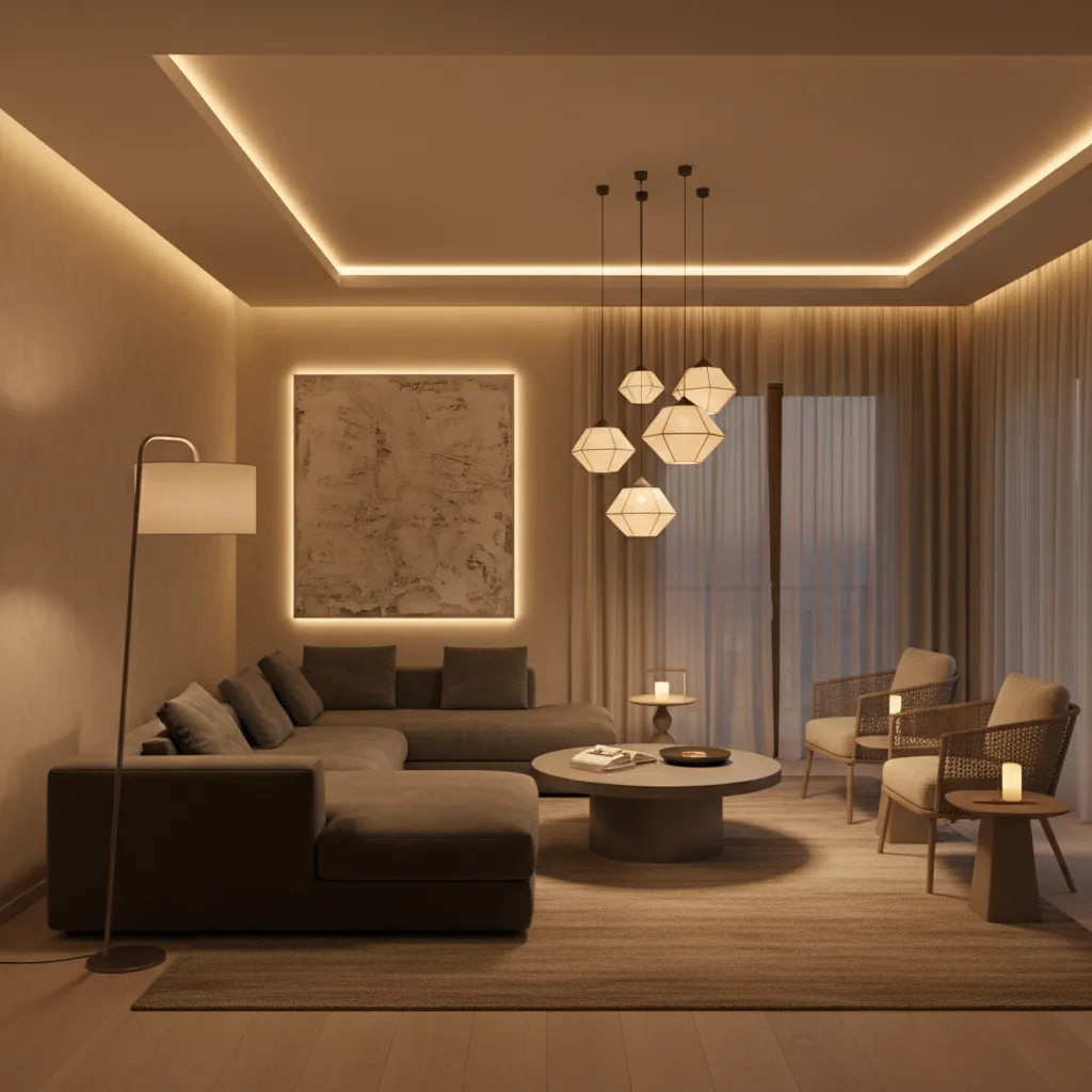 Salón con iluminación en capas y lámparas decorativas