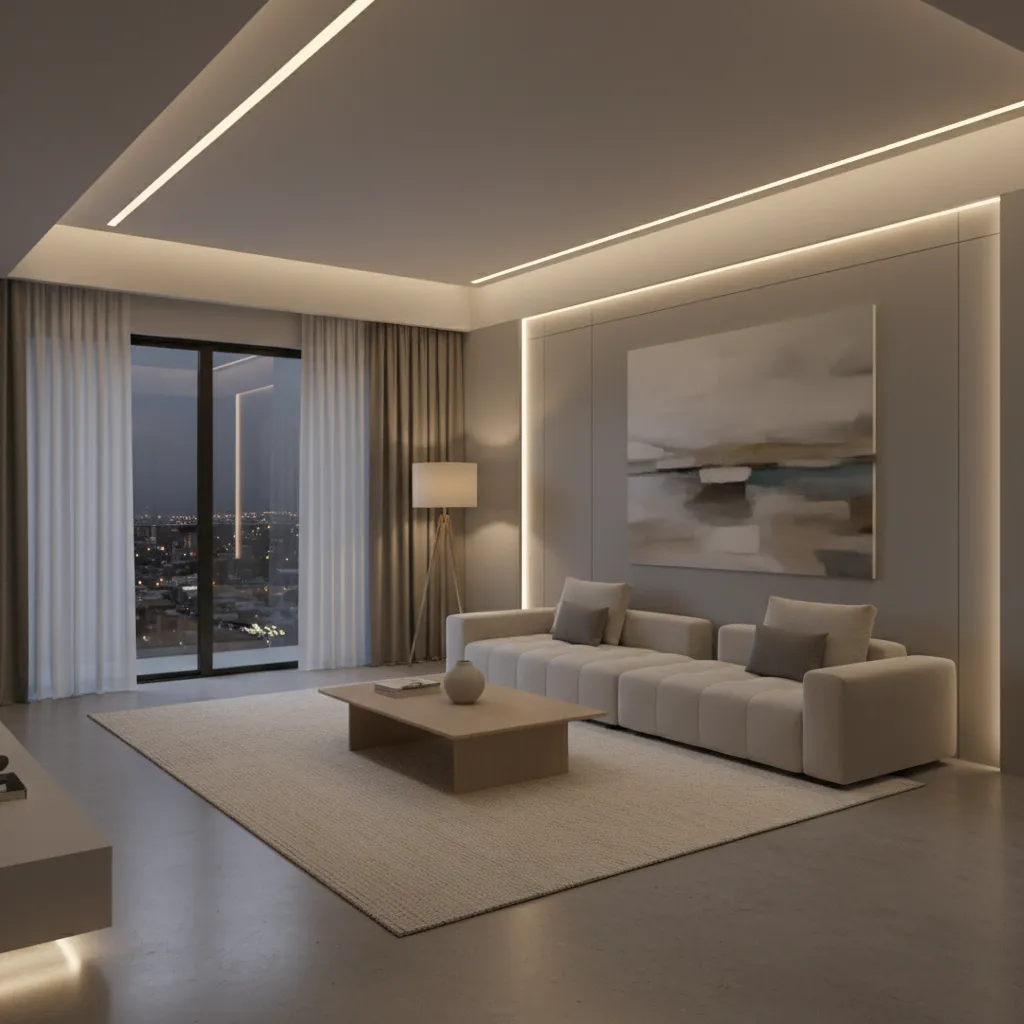 Iluminación indirecta en salón moderno de piso