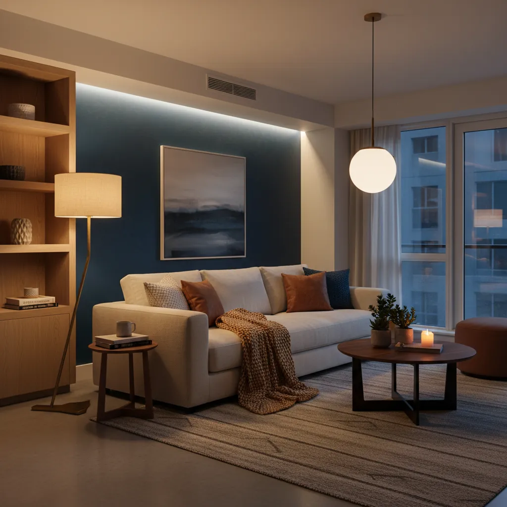 Salón de piso con iluminación por capas y lámparas decorativas