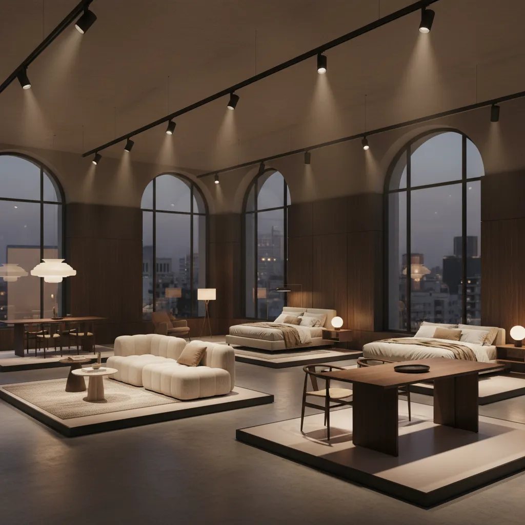 Iluminación profesional en un showroom destacando muebles y decoración