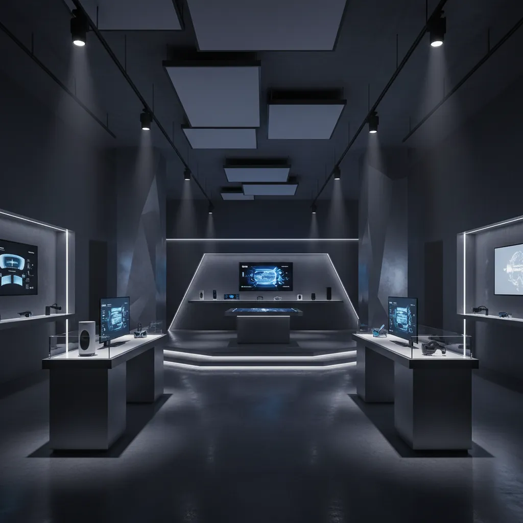Iluminación estratégica destacando tecnología en un showroom moderno