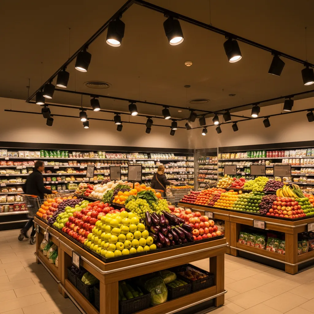 Fresh fruits and vegetables displayed on wooden tables under black track lights in grocery store