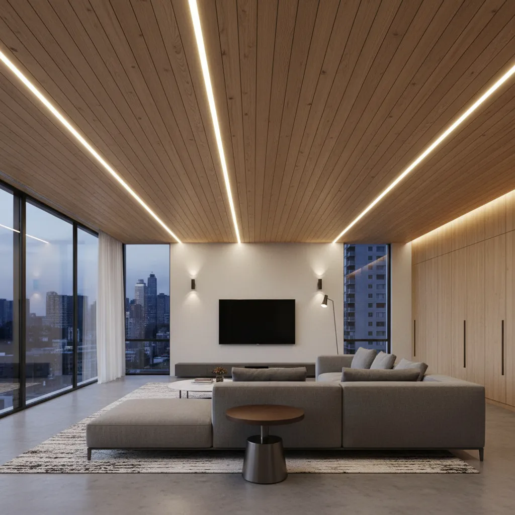 Techo de madera con iluminación LED indirecta
