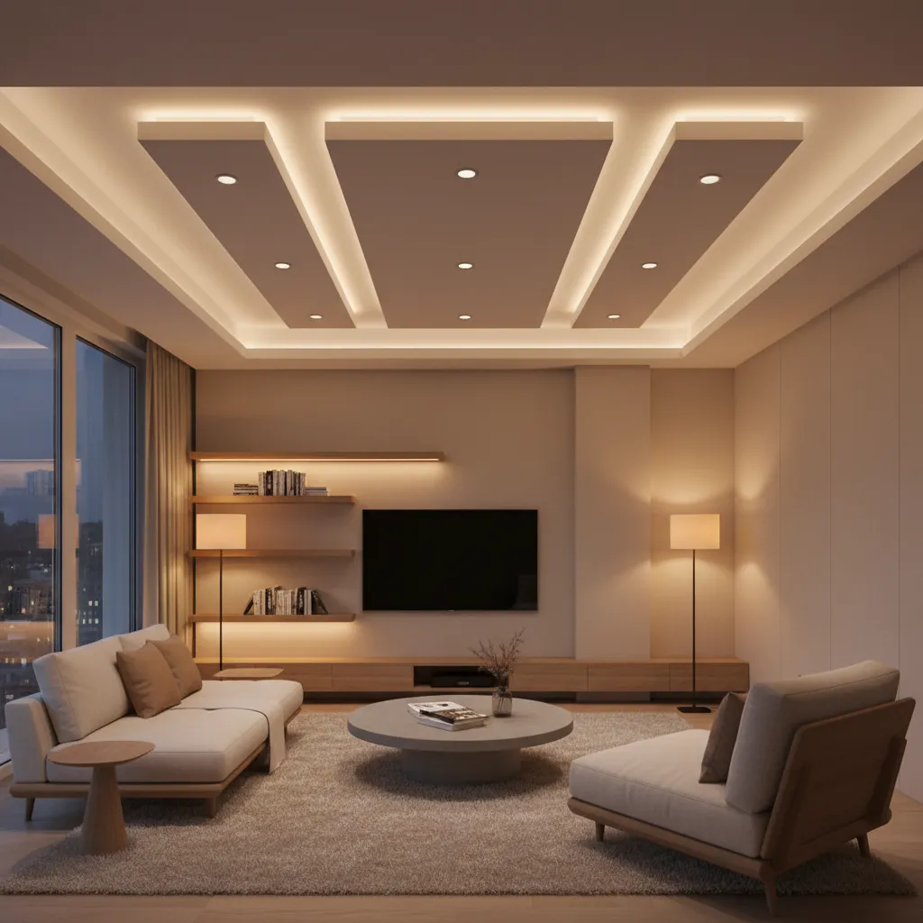 Diseño de iluminación en sala moderna con luces empotradas y ambientales