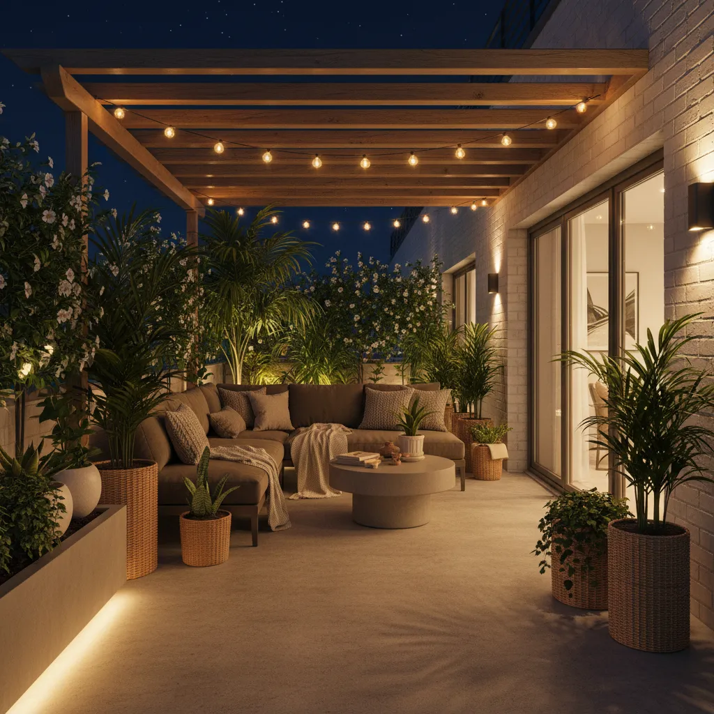 Terraza interior iluminada con guirnaldas y luz cálida