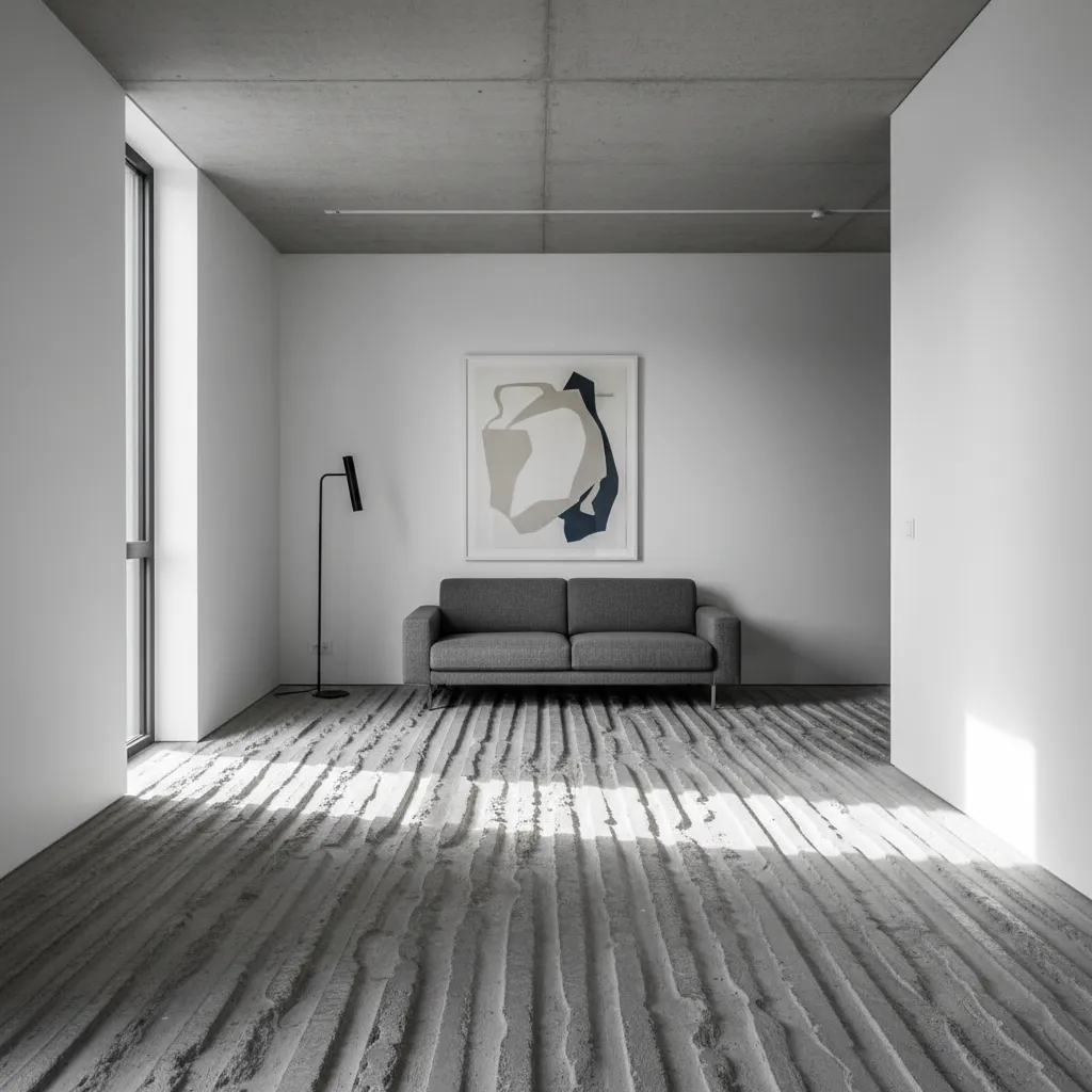 Minimalist white room featuring textured grey carpet floor grey sofa wall art and black lamp
