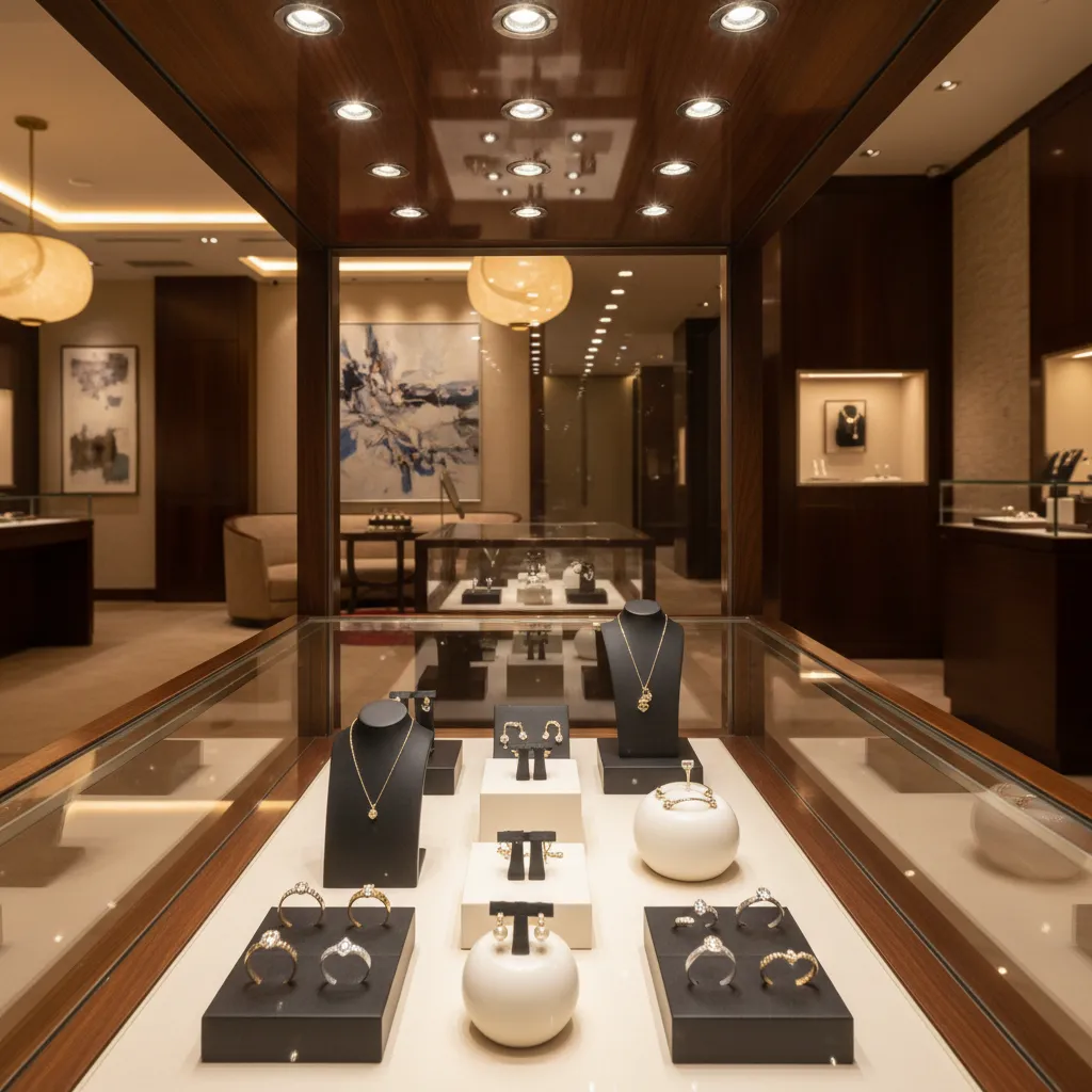 Glass display case showing rings and necklaces under bright ceiling lights in a luxury store
