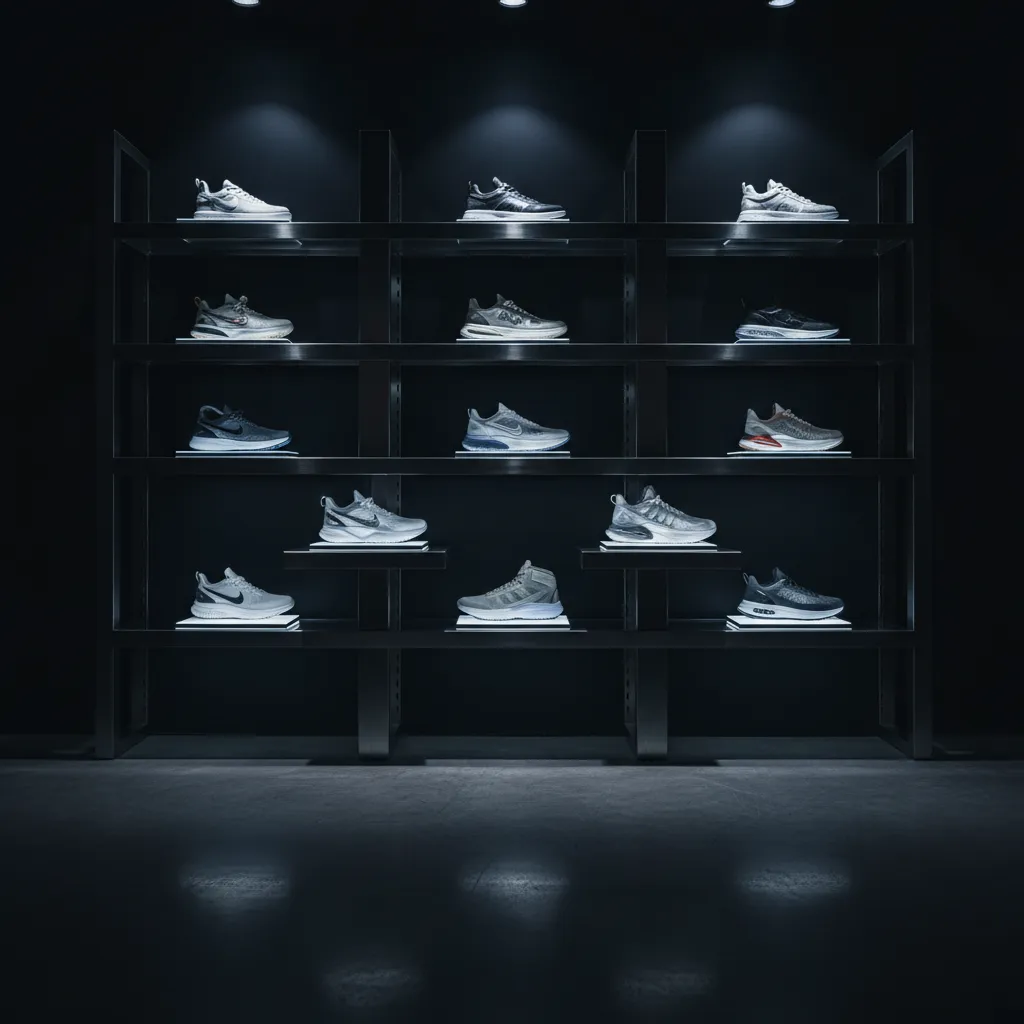 Iluminación focal en exposición de zapatillas deportivas