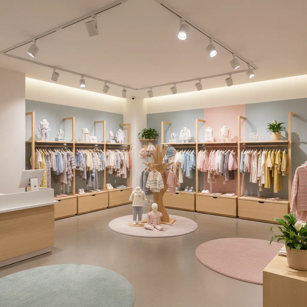 Iluminación cálida destacando ropa infantil en una tienda