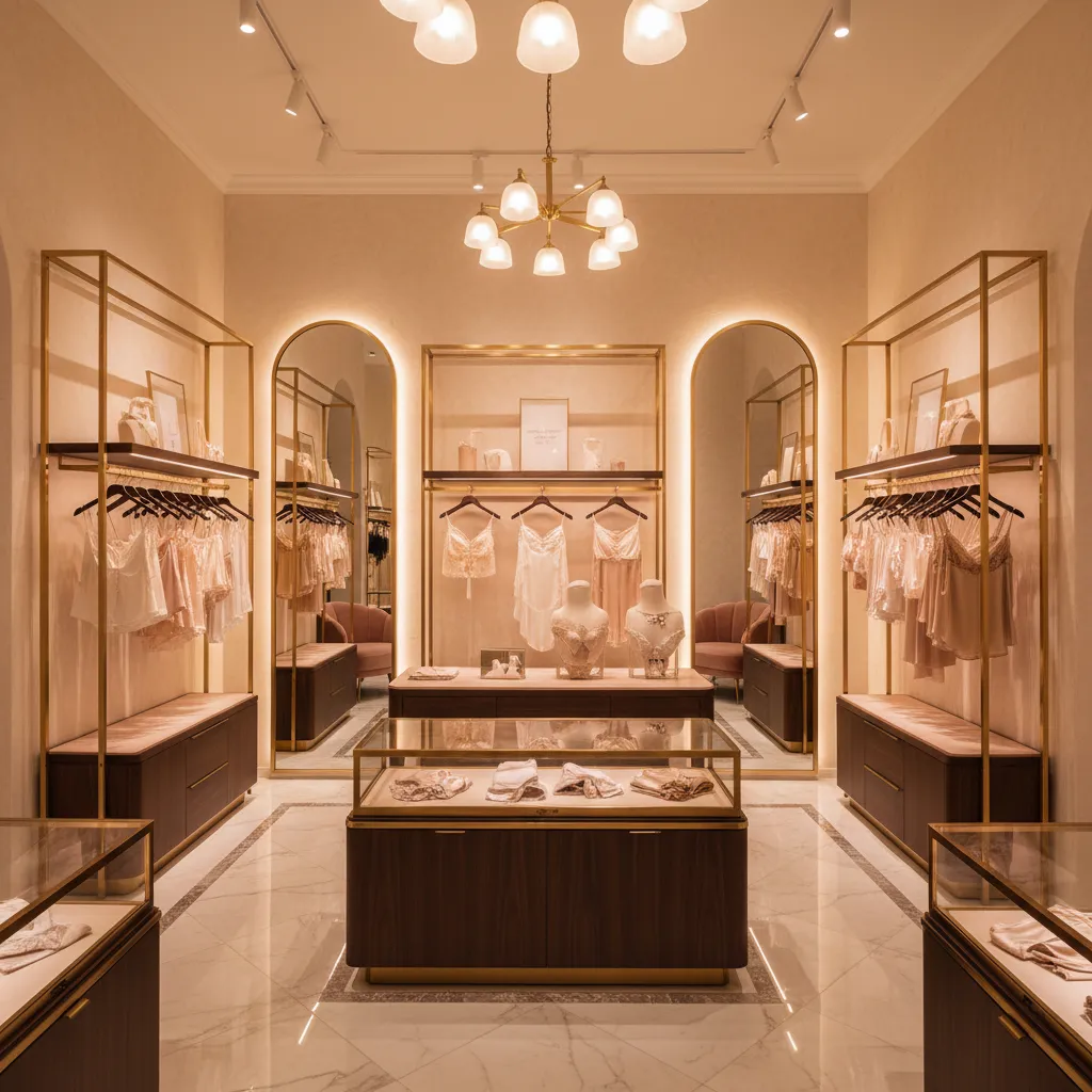 Iluminación cálida destacando productos de lencería en una boutique