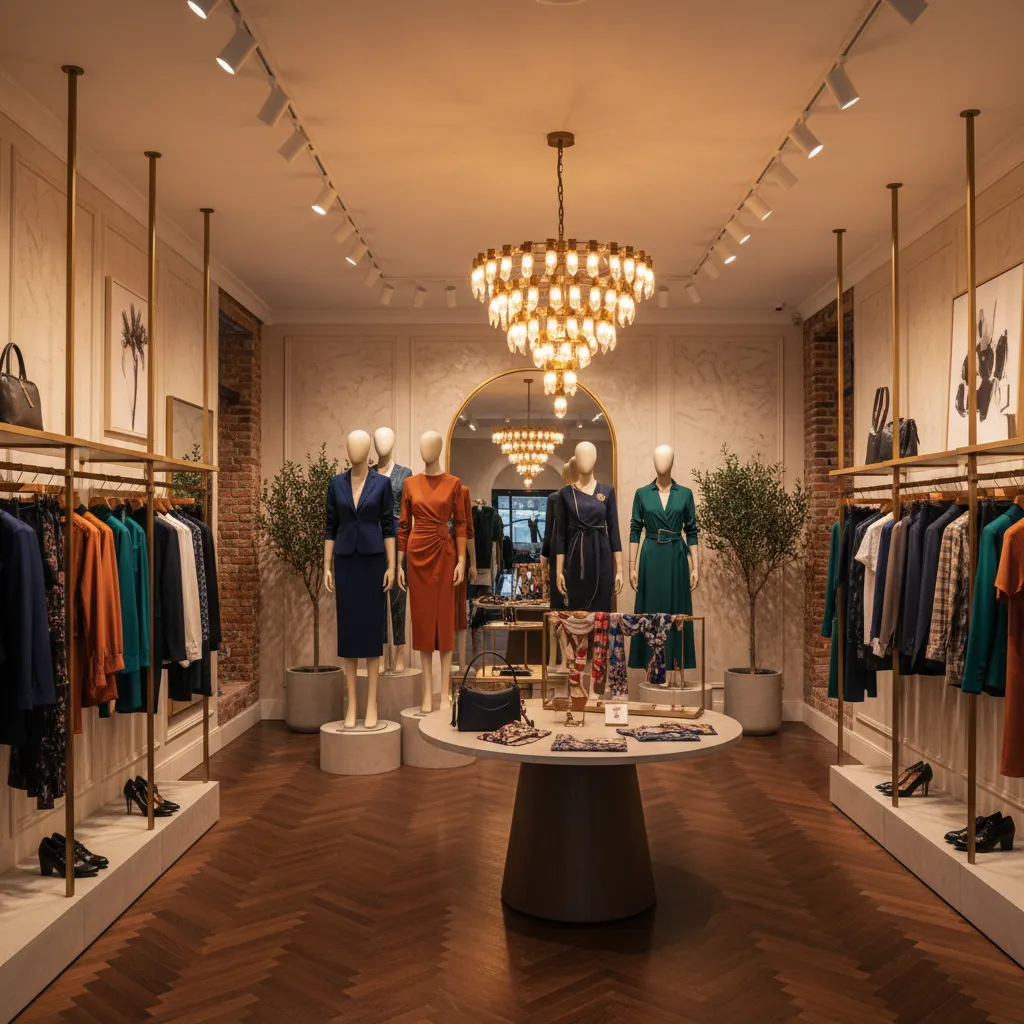 Iluminación de acento en maniquíes dentro de una tienda de ropa