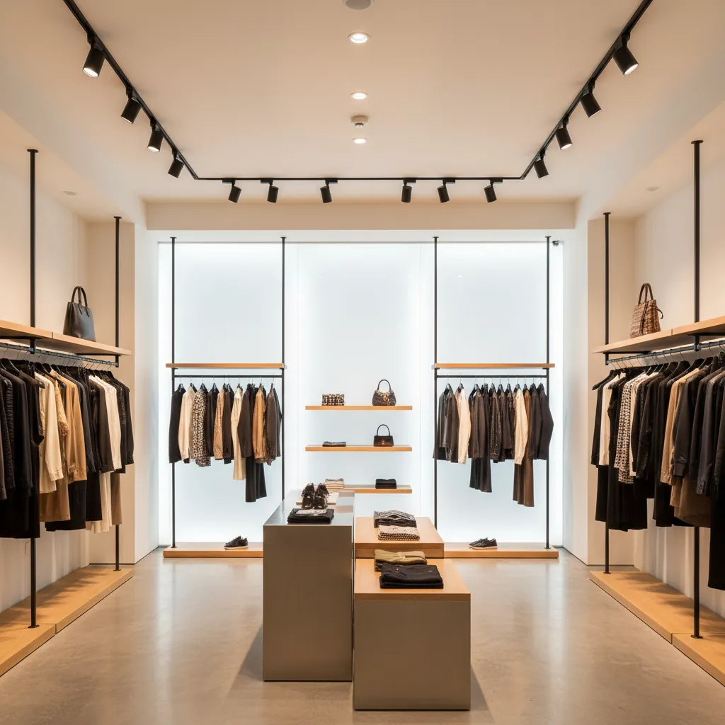 Sistema de iluminación de acento destacando ropa en una tienda