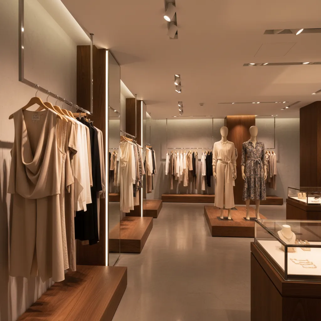 Iluminación de acento destacando ropa en tienda de moda