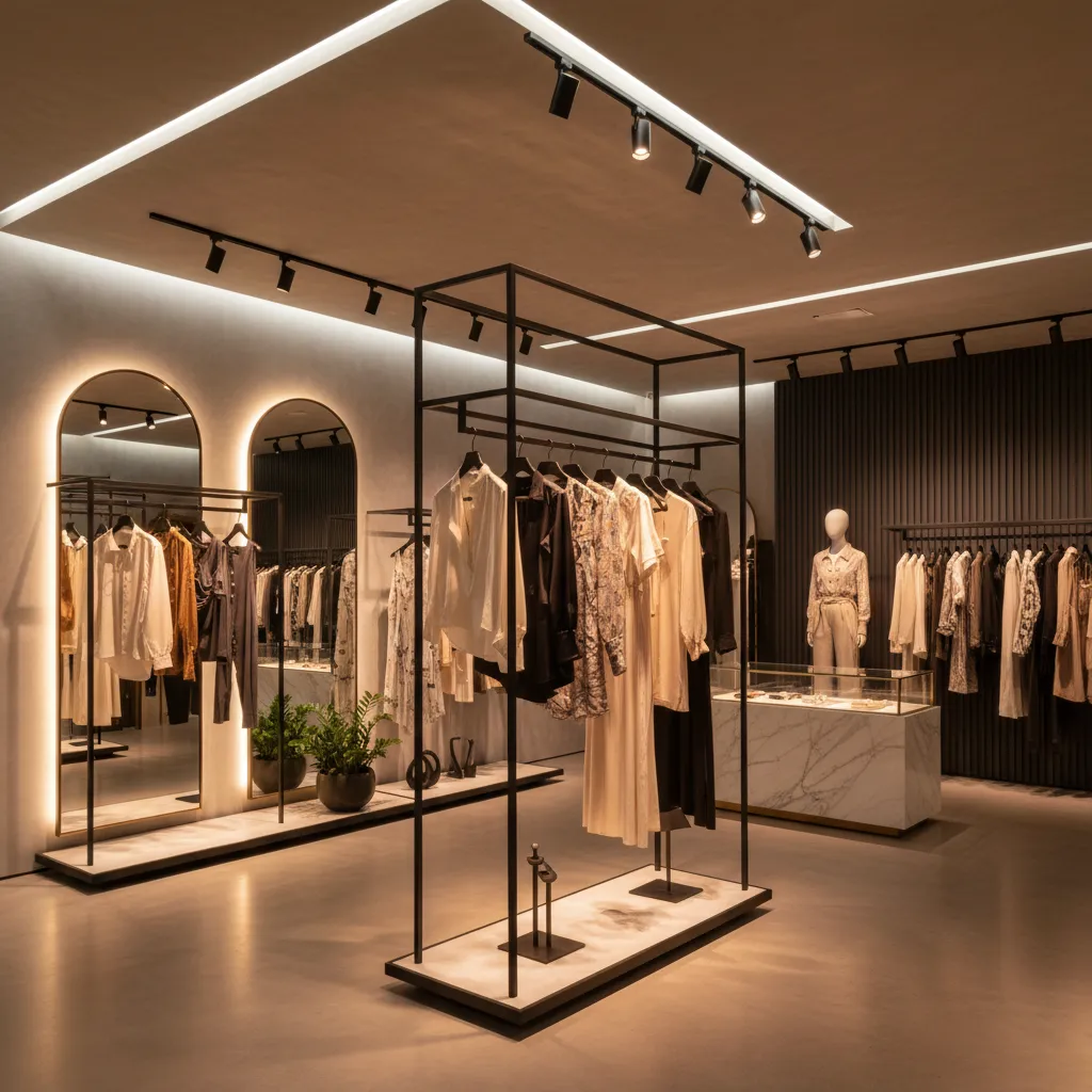 Iluminación focal sobre ropa en una tienda de moda