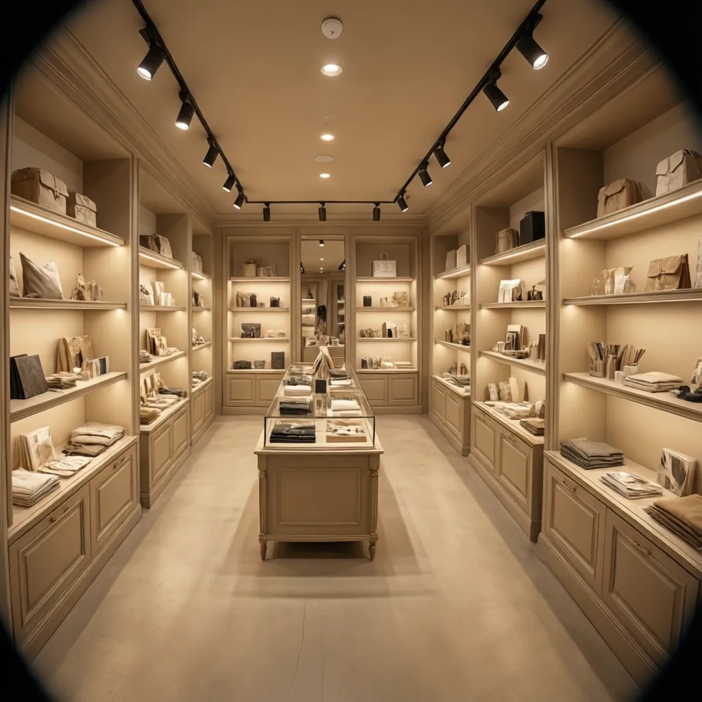 Detalle de iluminación cálida en una tienda con diseño interior neutro