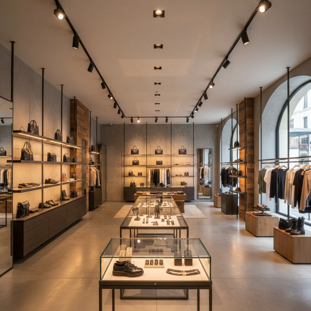 Modern clothing store interior with black ceiling light fixtures wooden shelves and glass display cases