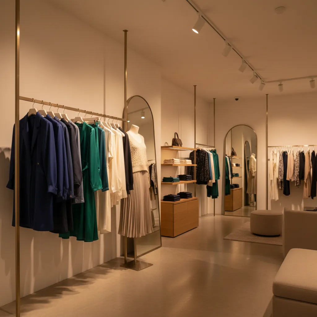 Iluminación dirigida destacando prendas en una tienda de moda