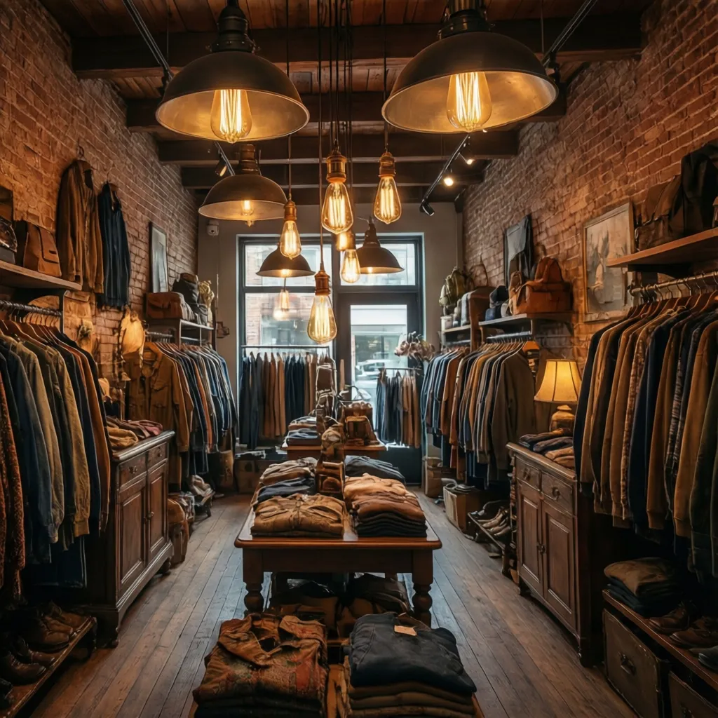 Iluminación cálida en una tienda de ropa vintage con lámparas industriales
