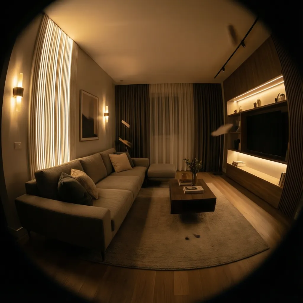 Sala pequeña con iluminación vertical y luces indirectas en estanterías