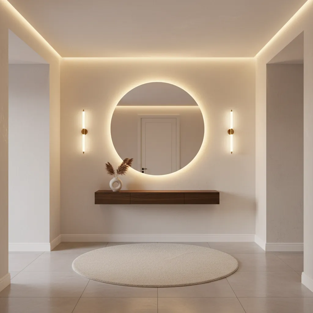 Vestíbulo con iluminación indirecta y espejo retroiluminado