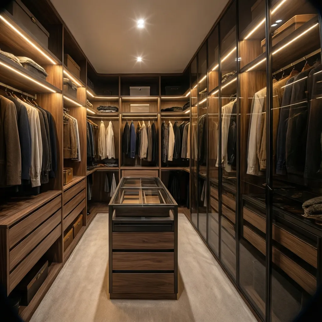 Vestidor moderno con iluminación LED integrada en estantes