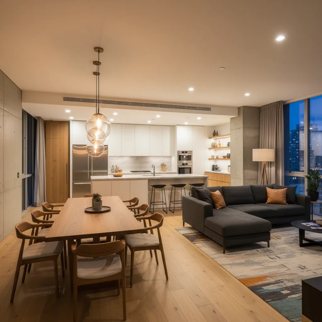 Open plan living room featuring grey sofa wood dining table white kitchen and warm lighting