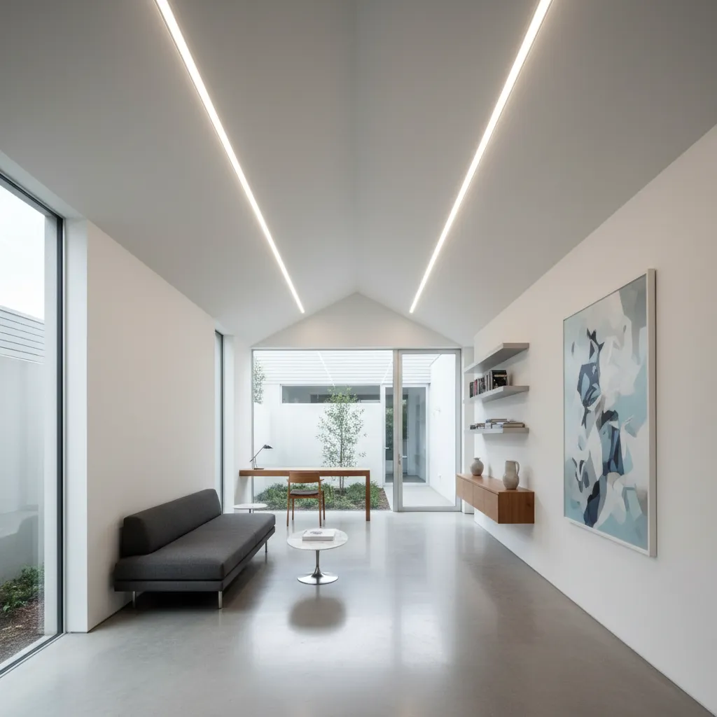 Interior de casa estrecha que parece amplia gracias al diseño