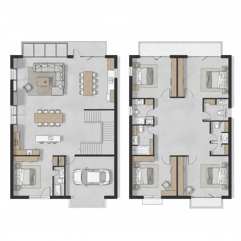 Interior design drawing showing two story house floor plan with garage, living room, and bedrooms