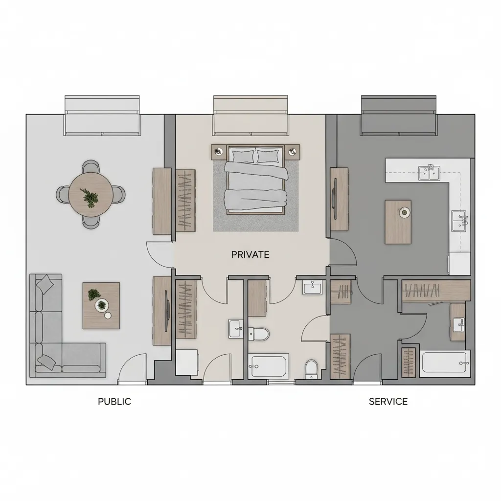 Floor plan showing labeled public private and service zones with sofa bed and kitchen furniture