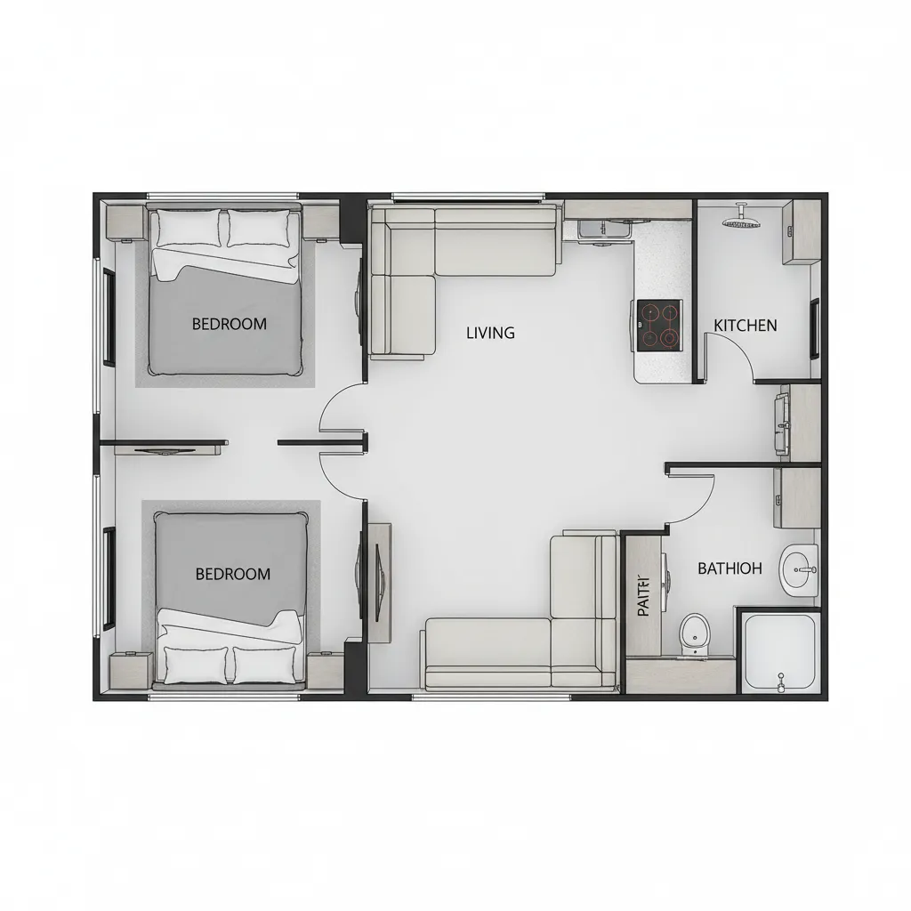top view diagram style RV floor plan showing kitchen bathroom bedroom zones