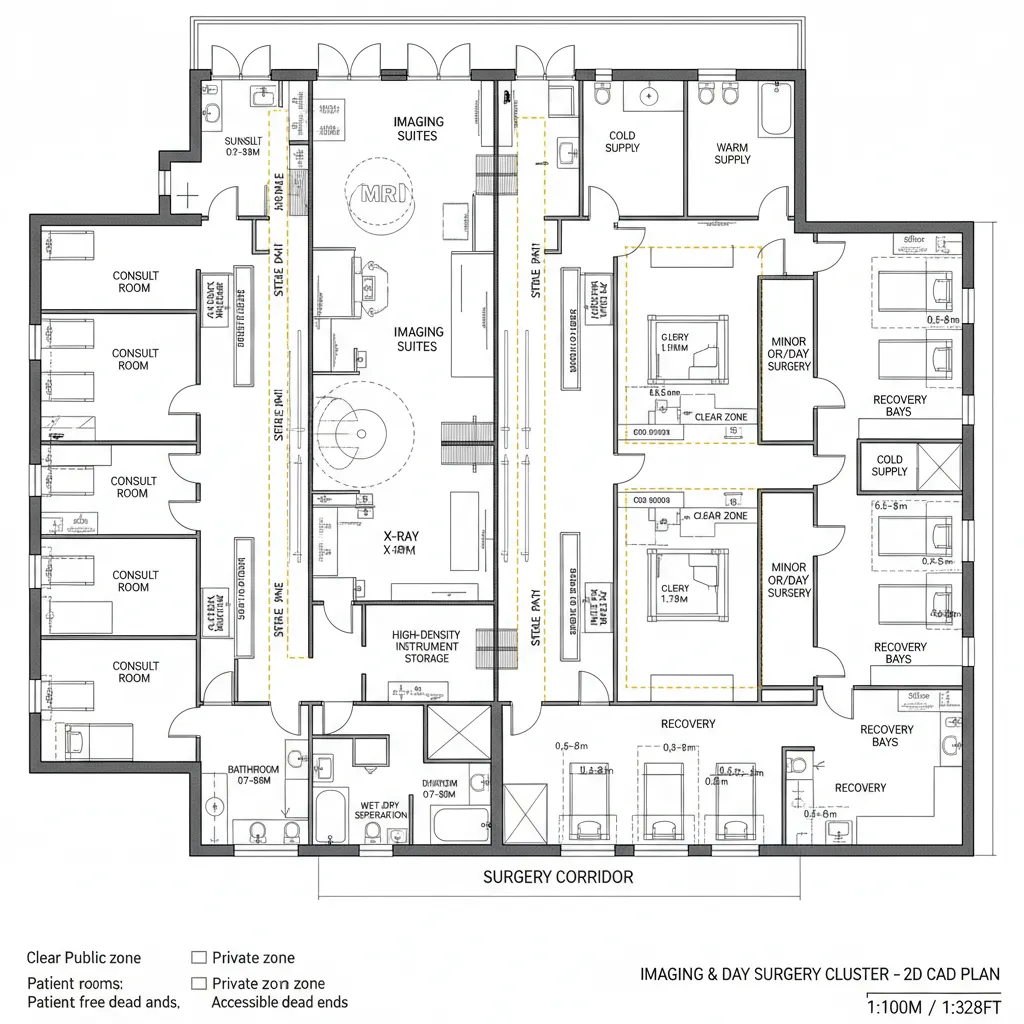 Top-down plan of shared imaging core with adjacent day surgery and recovery bays