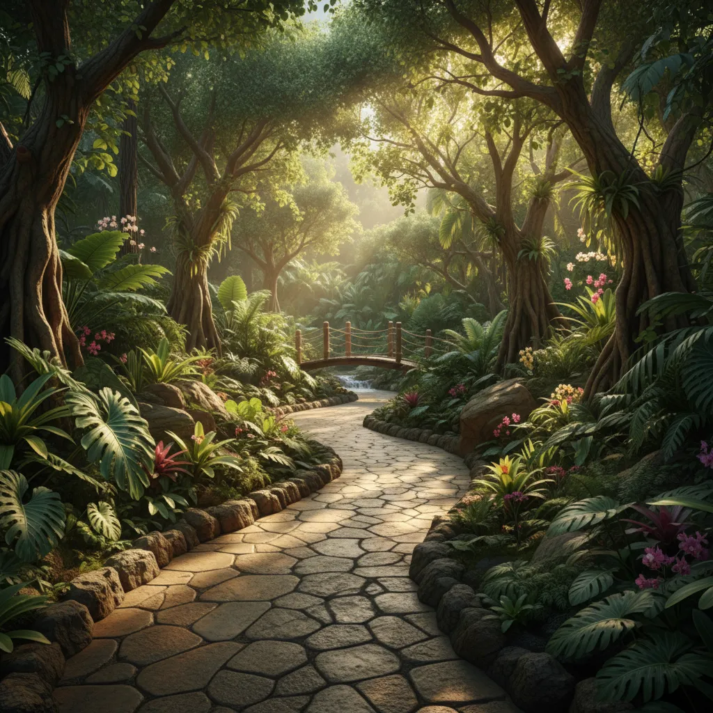 immersive themed park walkway surrounded by dense vegetation and trees
