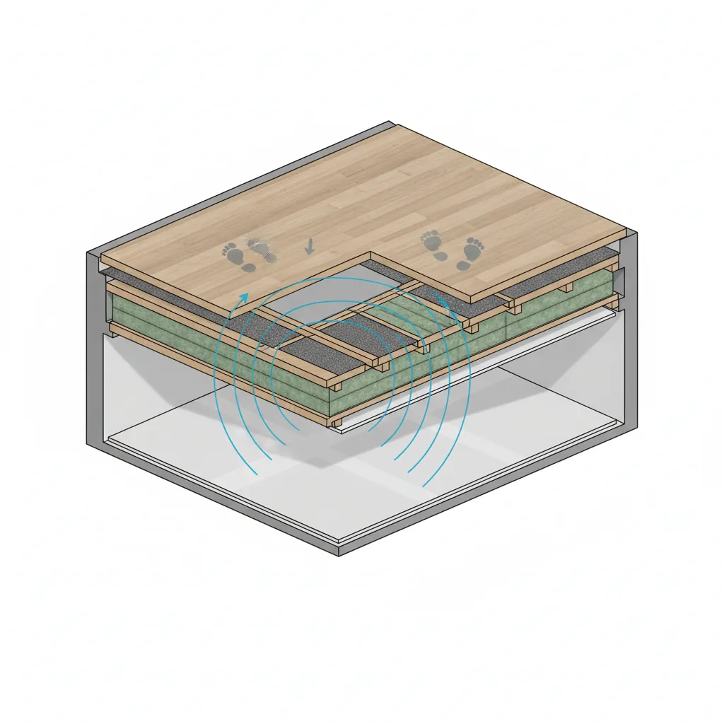Cross section of apartment floor structure showing how footstep impact noise travels
