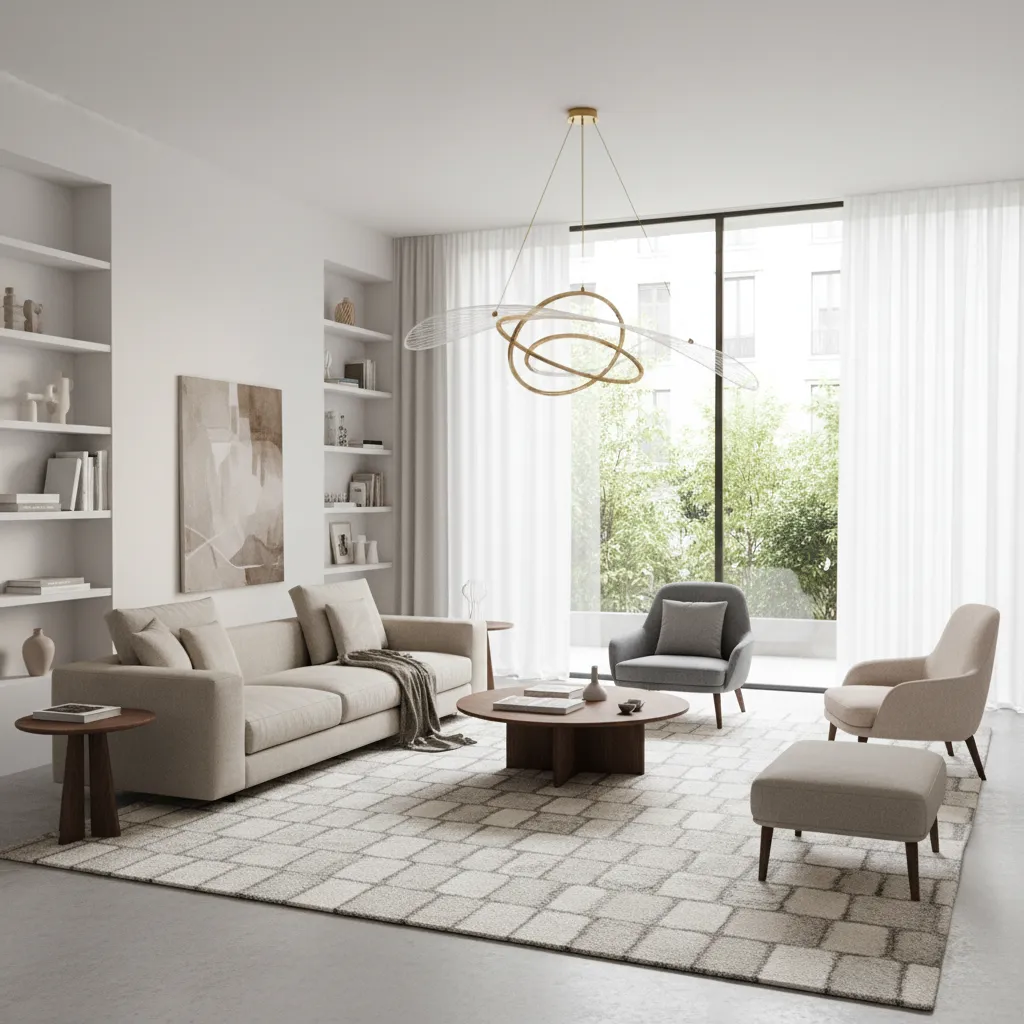 Salón con alfombra grande y lámpara colgante destacada