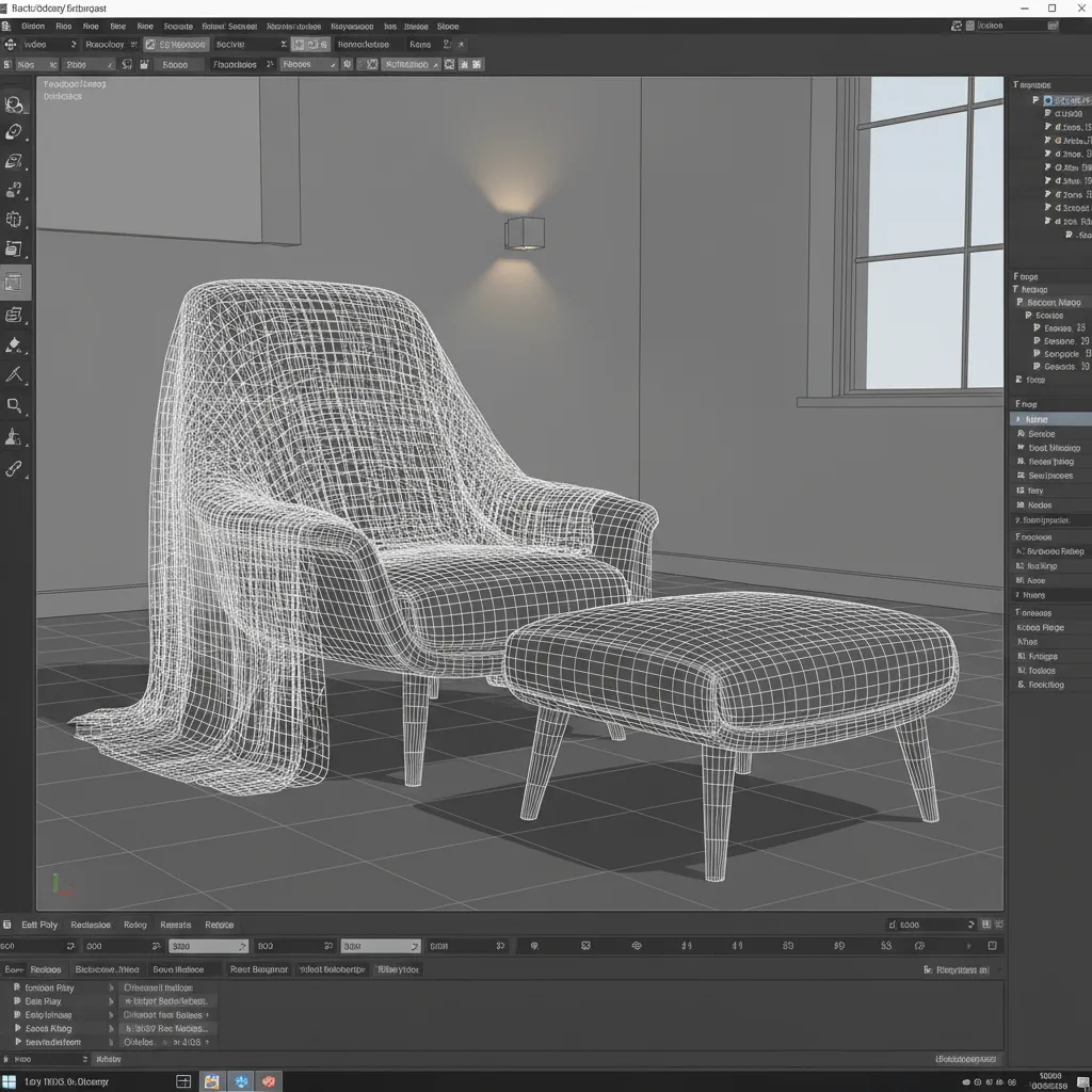 complex imported 3D furniture model with dense wireframe mesh