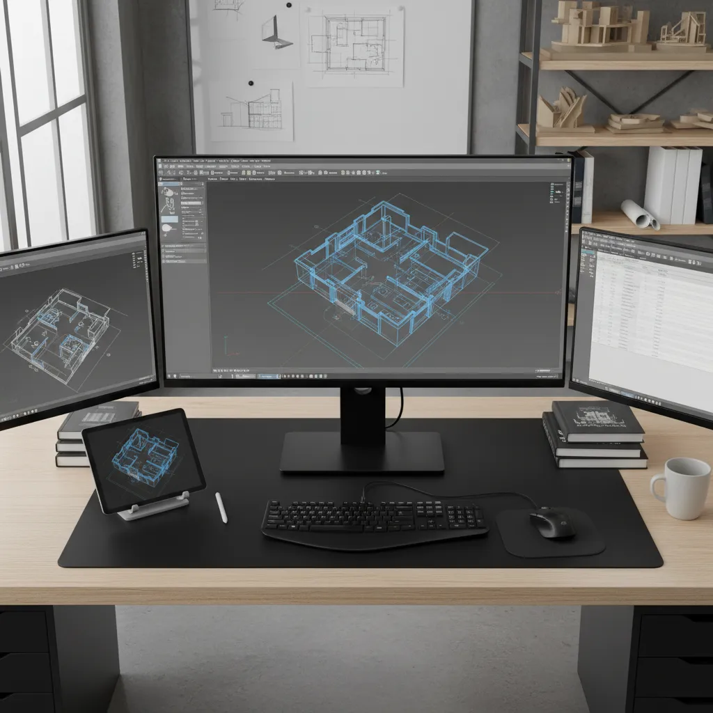 Desk setup with three monitors and a tablet showing blue wireframe interior design drawing models