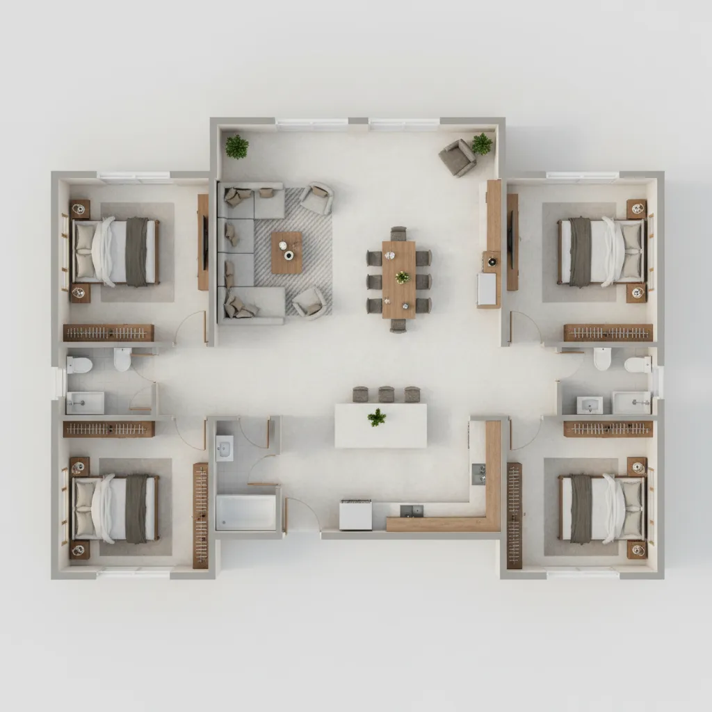 Optimized 1500 sq ft house floor plan with better zoning and daylight