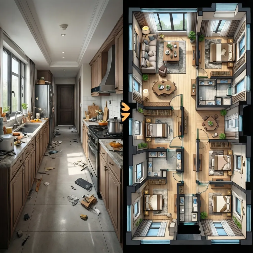 before and after comparison of improved 1800 sq ft home floor plan