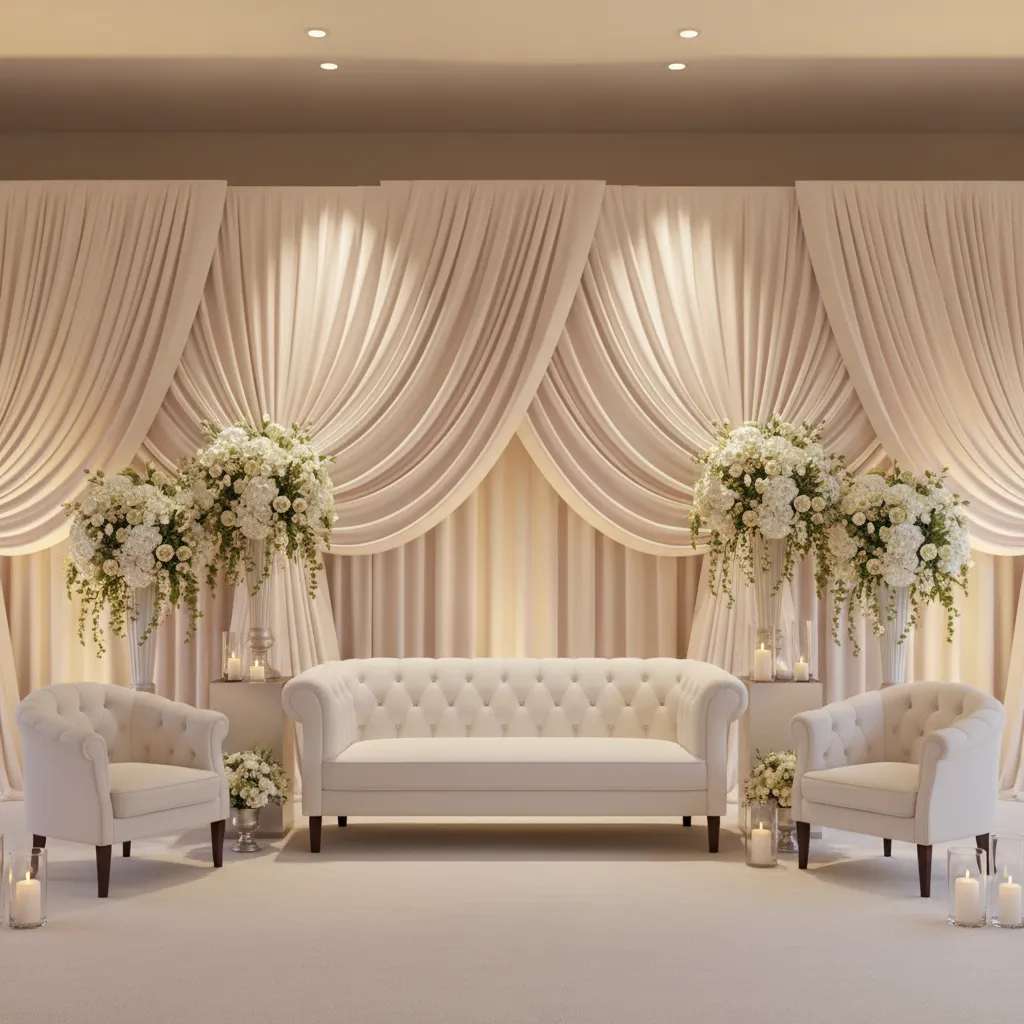 improved wedding stage with wider layered backdrop and balanced decor