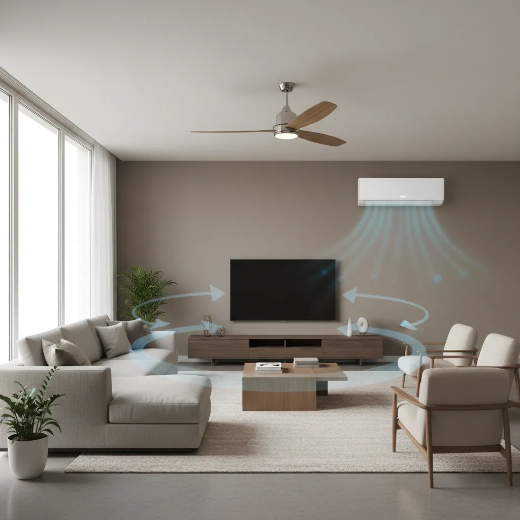 Large living room with ceiling fan and air conditioner working together for better airflow