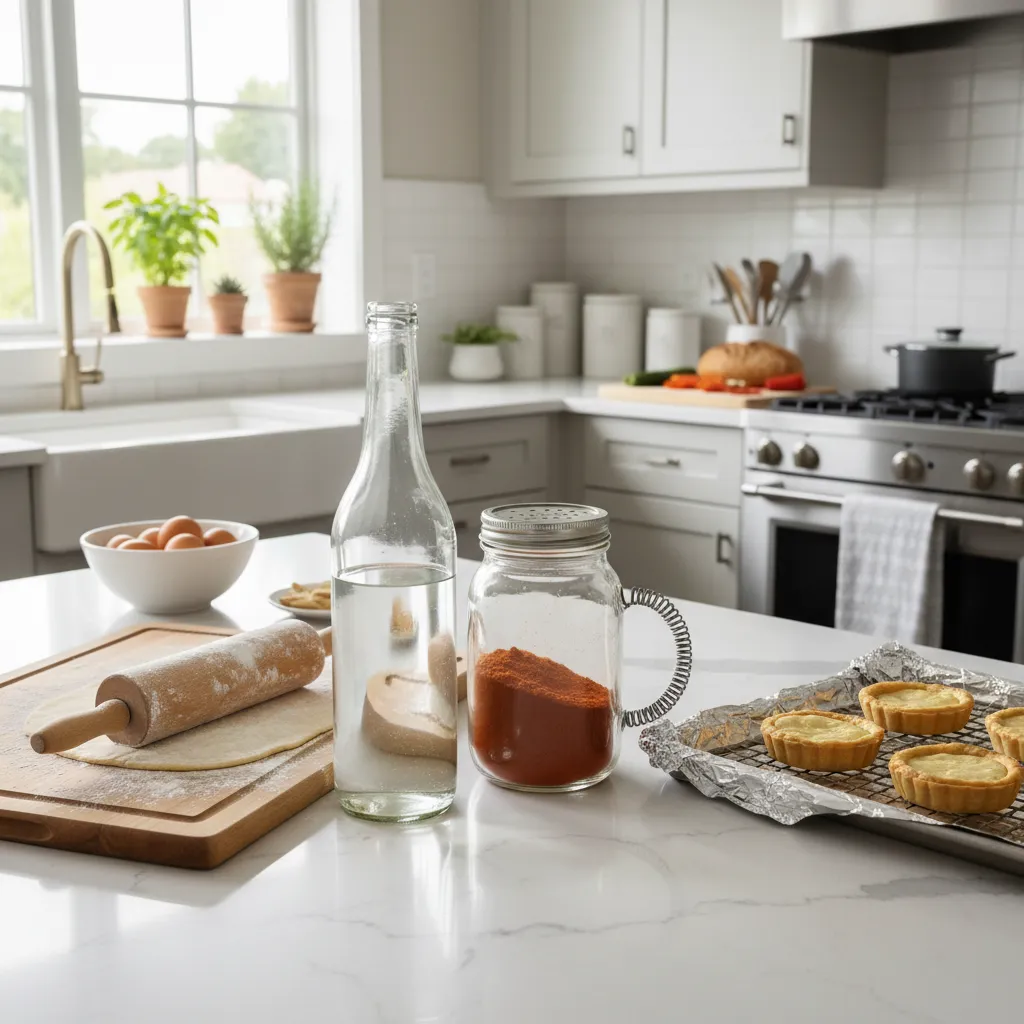 Examples of improvised kitchen tools like bottle rolling pin and jar shaker on kitchen counter