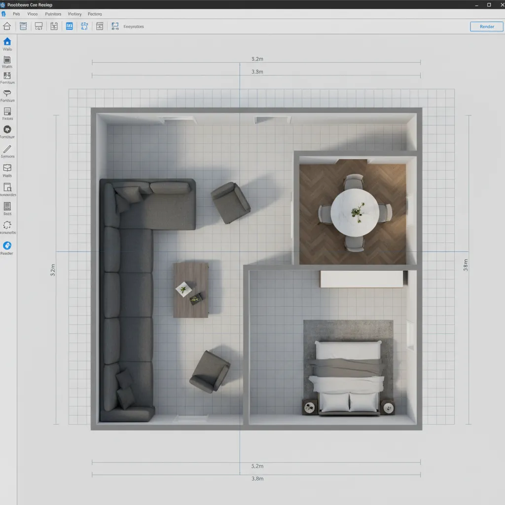 Example of a digital room layout with incorrect furniture scaling