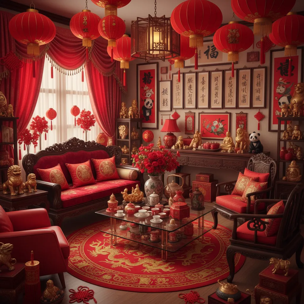 overdecorated Chinese themed living room with excessive red lanterns and mismatched furniture