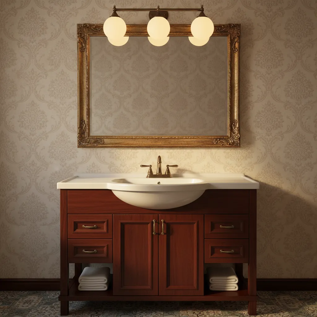 Warm incandescent bulb lighting in a traditional bathroom fixture